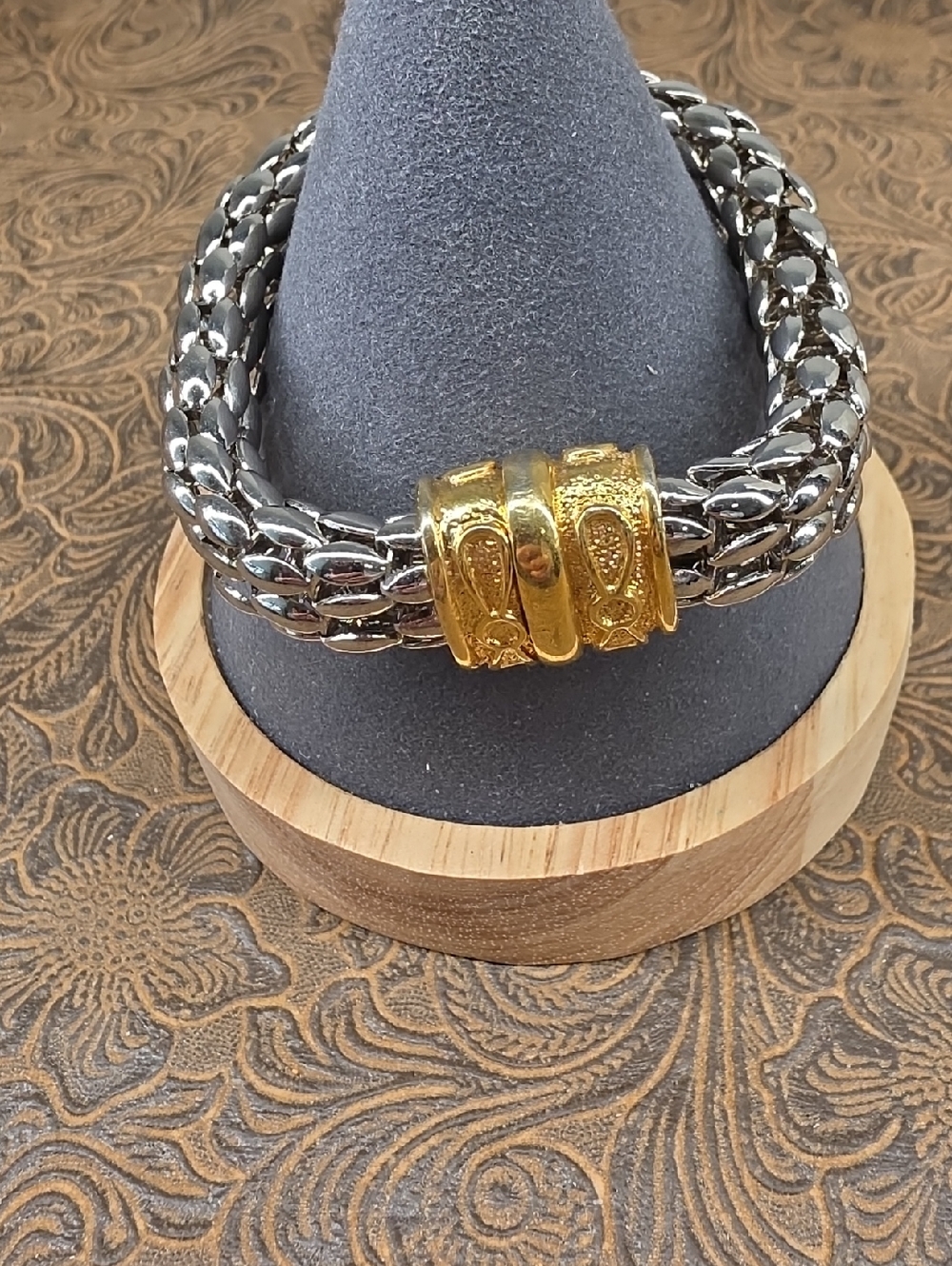 Vintage Two Tone Silver Gold Curb Chain Magnetic Clasp Closure Boho Bracelet